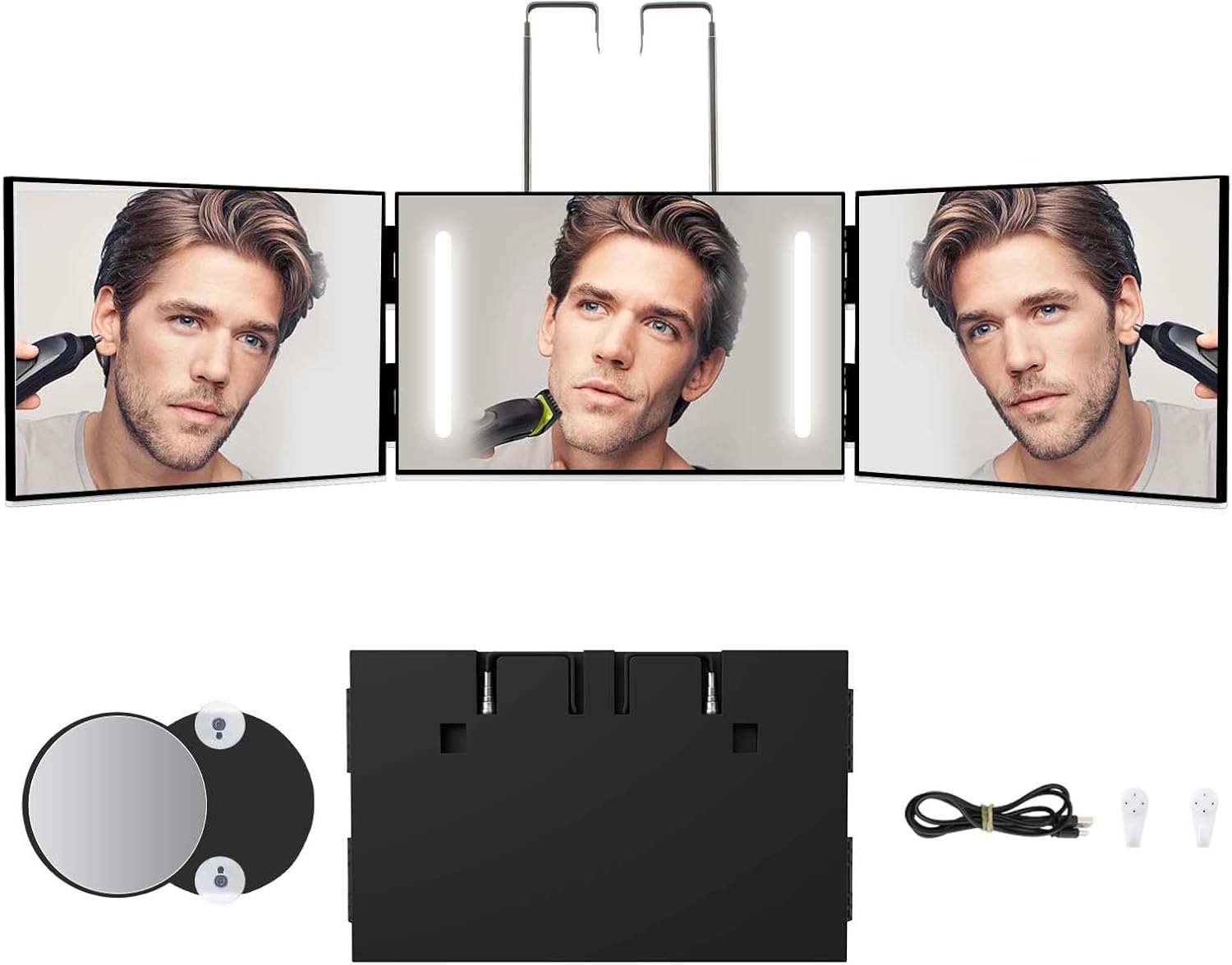 LED Makeup Mirror 3 Way Mirror for Self Hair Cutting with LED Lights Usb Charging (or without LED), Rechargeable Self Cut 360 Barber Mirror for Haircuts Door Mount