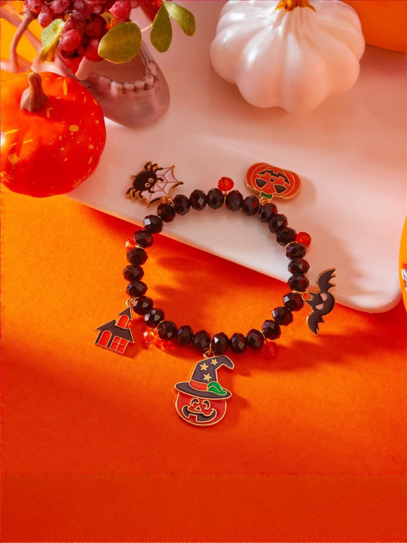 New Halloween Bracelet, European and American Style Beaded Wristband, Festival Pumpkin Ghost Pendant Bracelet, Perfect for Halloween Celebrations