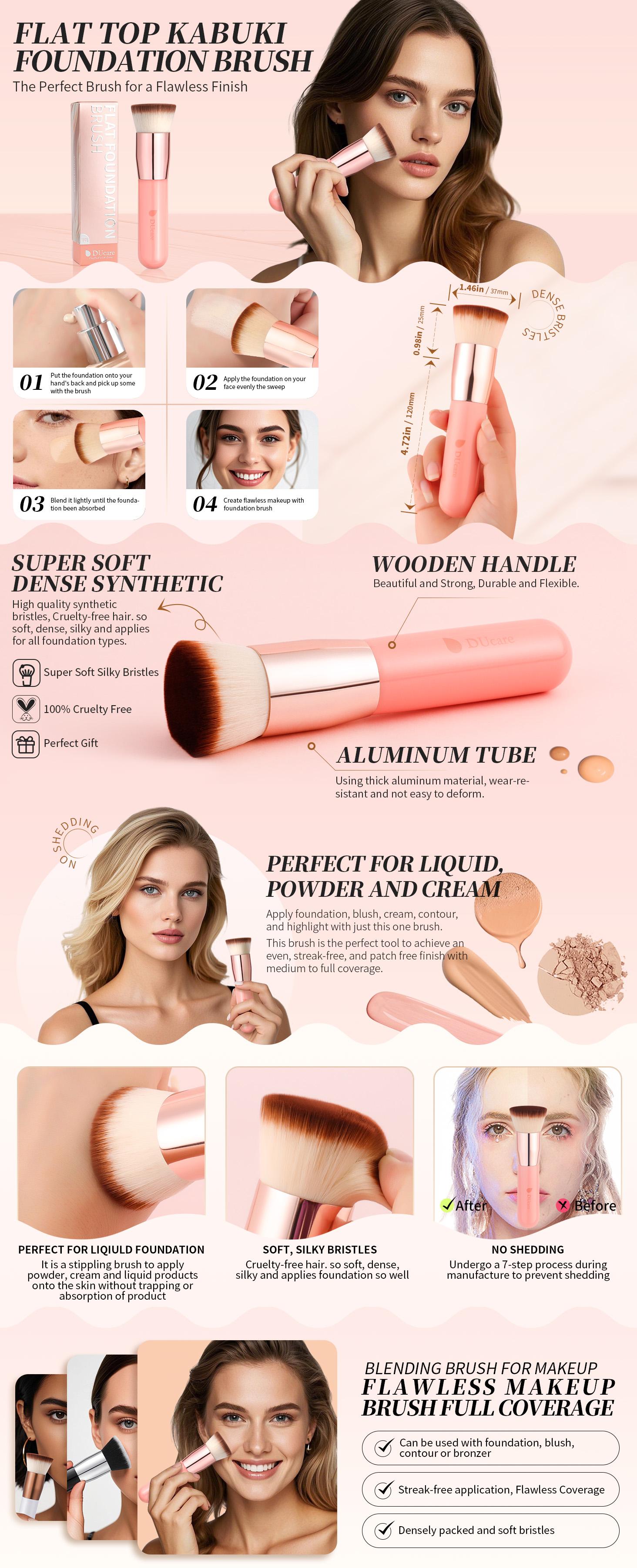 VVcare Flat Top Kabuki Foundation Brush - Premium Makeup Brush for Liquid, Cream, and Powder - Buffing, Blending, and Face,Pink