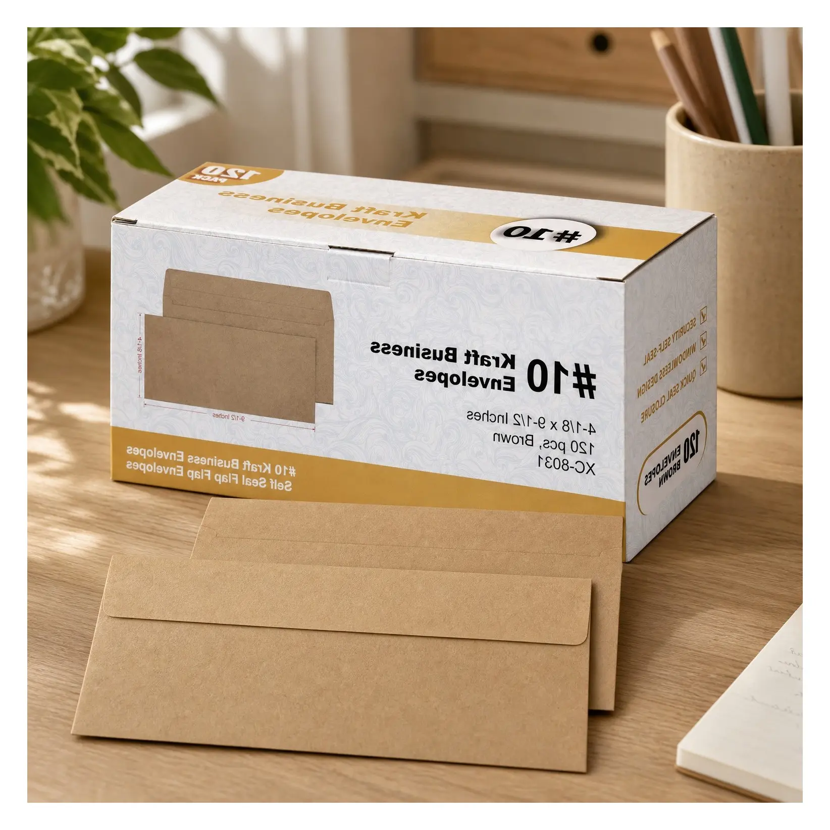 120 PCS #10 Brown Kraft Self Seal Security Envelopes, 4-1/8 x 9-1/2 inches, Windowless, Super Strong Quick Seal, Security Tint PatternGift