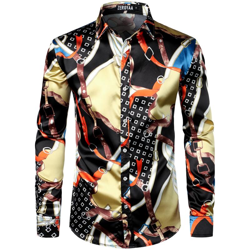 ZEROYAA Men's Hipster Fitted Silk Like Satin Dress Shirt Long Sleeve Button Down Printed Shirt for Party Prom fourth july shirt summer outfits men funny shirts