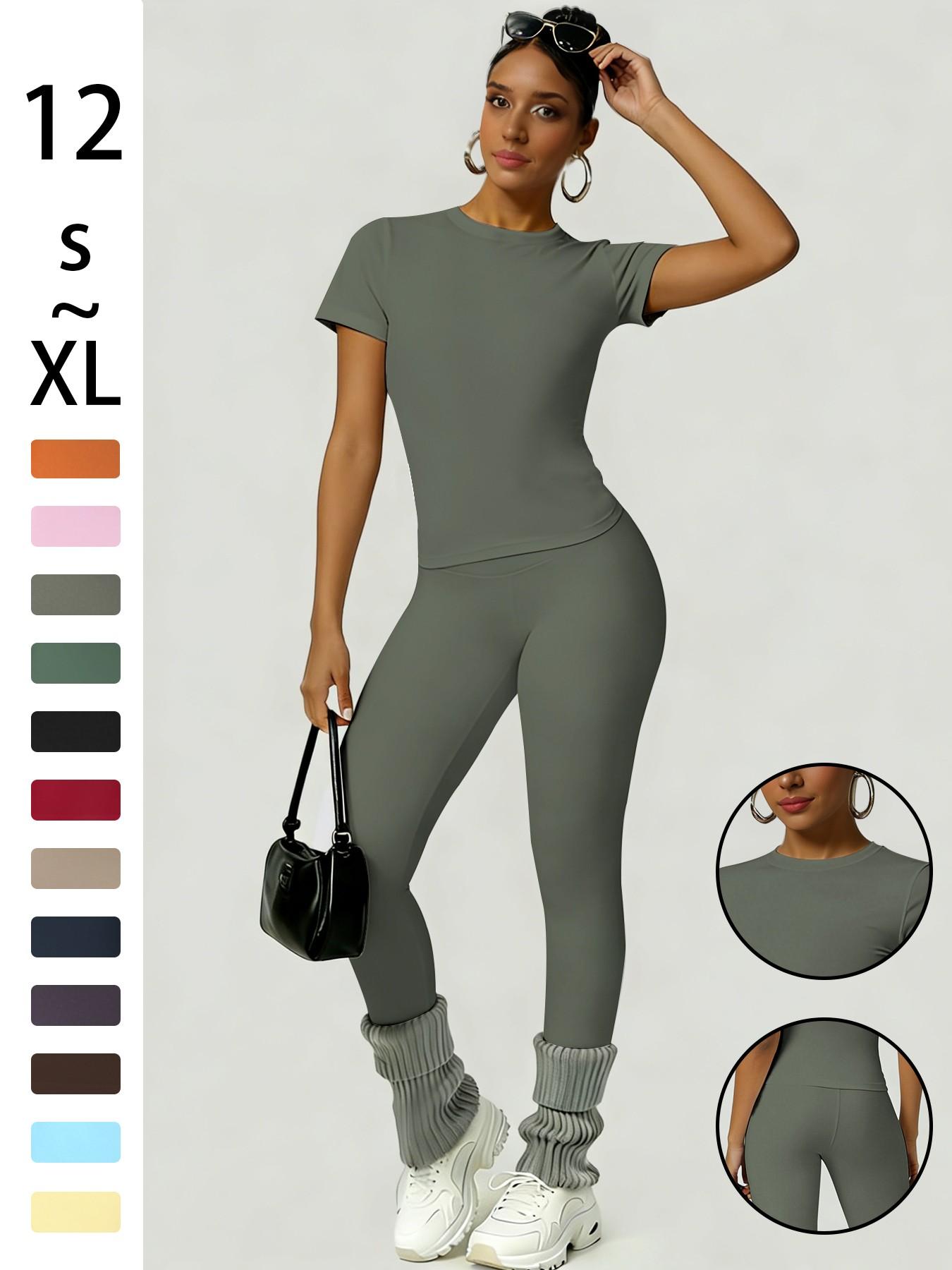 Women's Slim-Fit Round Neck Short Sleeves Top & High-Waisted Yoga Pants Sportswear Set, Ideal for Gym Running and Outdoor Activities