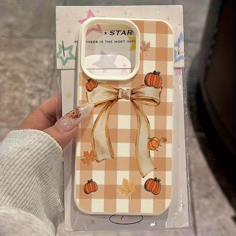 Pumpkin Gingham Bow Phone Case, Fall Harvest Coquette Cream Cover for iPhone 17 16 15 14 13 12 11 X Plus Pro Max, Autumn Lover Gift