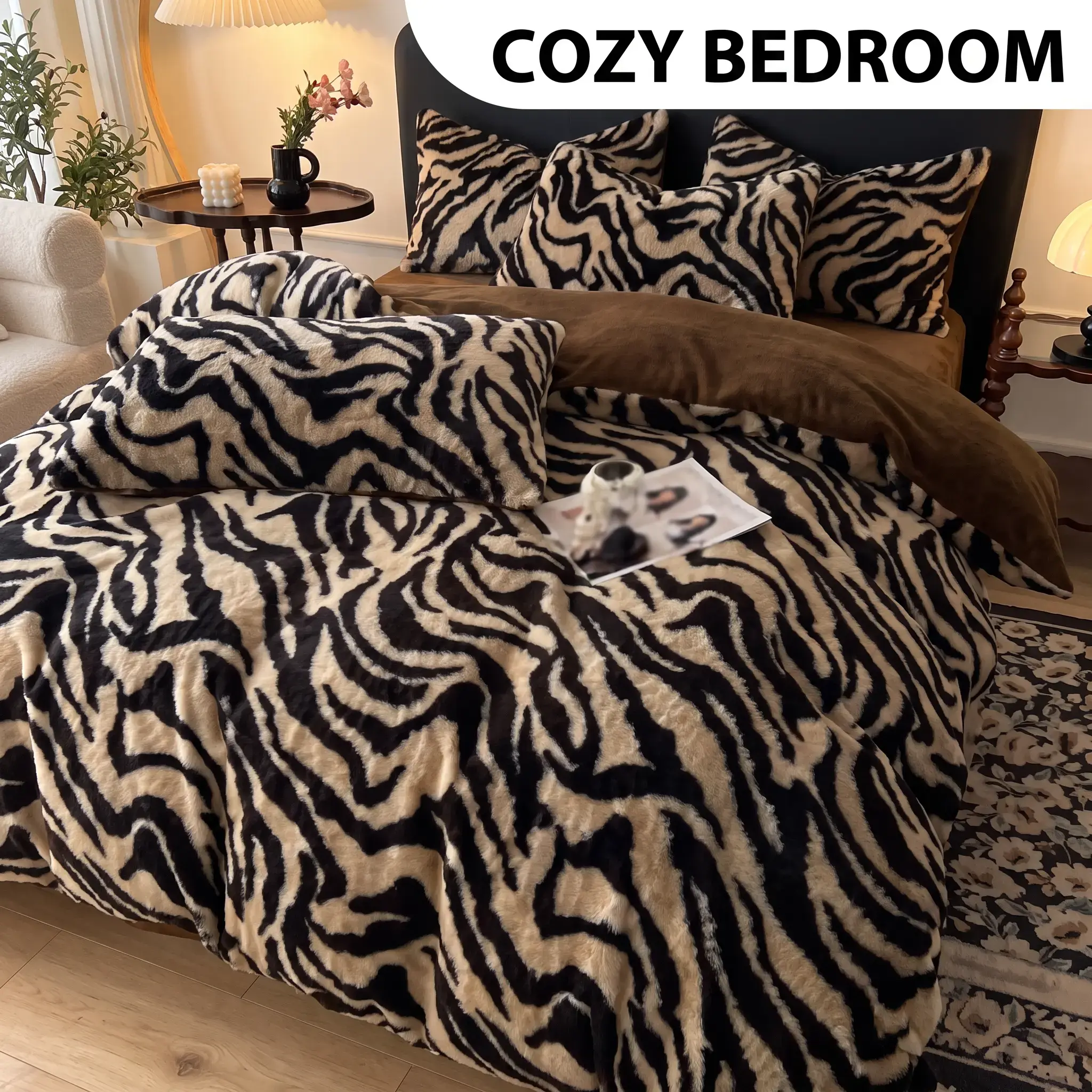 3-Piece Faux Rabbit Fur Printed Bedding Set, Soft Bedding Set, Warm Duvet Cover with Zipper Closure + 2 Pillowcases, Cozy Bedroom/Living Room/Dorm Bedding Décor, Perfect Birthday/Housewarming Gift, Comfy Bedding Sets