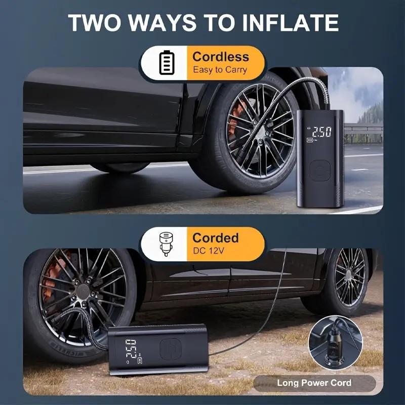 Portable wireless inflation pump, multi-function air compressor, 4500 mAh battery and camping lamp, fast inflation and mini design, suitable for inflating/deflating mattresses, pool pumps, vacuum storage bags, black, Camping accessories