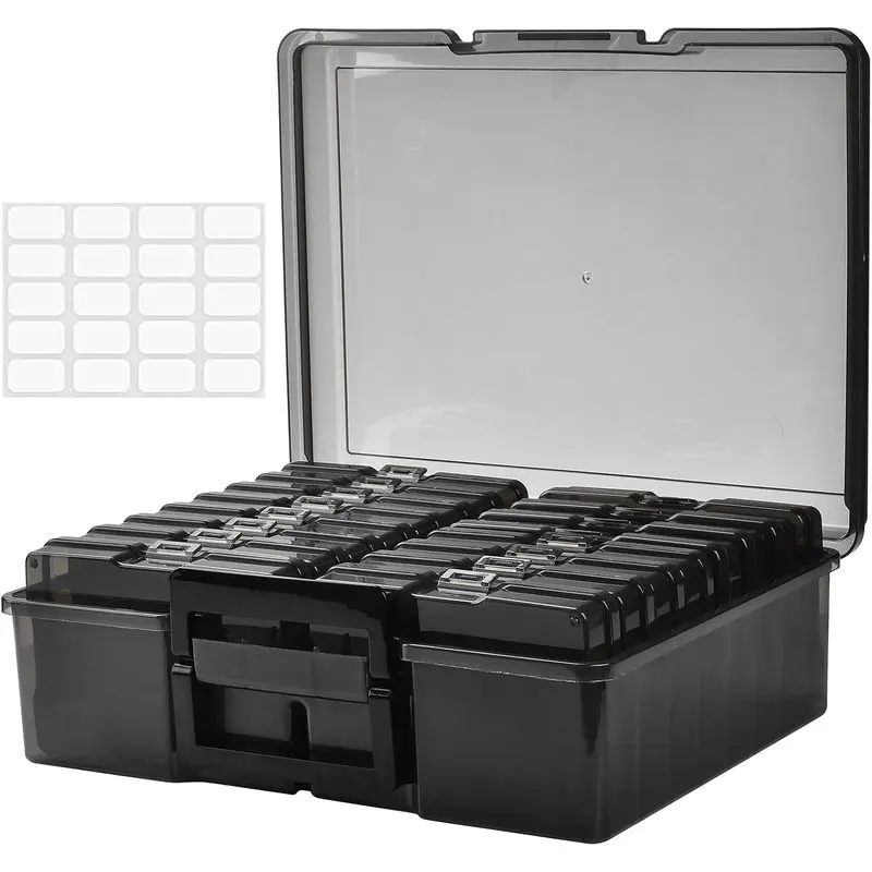 Black Photo Storage Box With Carry‑Handle, 4"*6" Photo Organizer Includes 16 Inner Cases & 1 Label Sheet, Multi‑Purpose Container for Pictures, Crafts, Sewing, Stickers, Seeds & Office Supplies