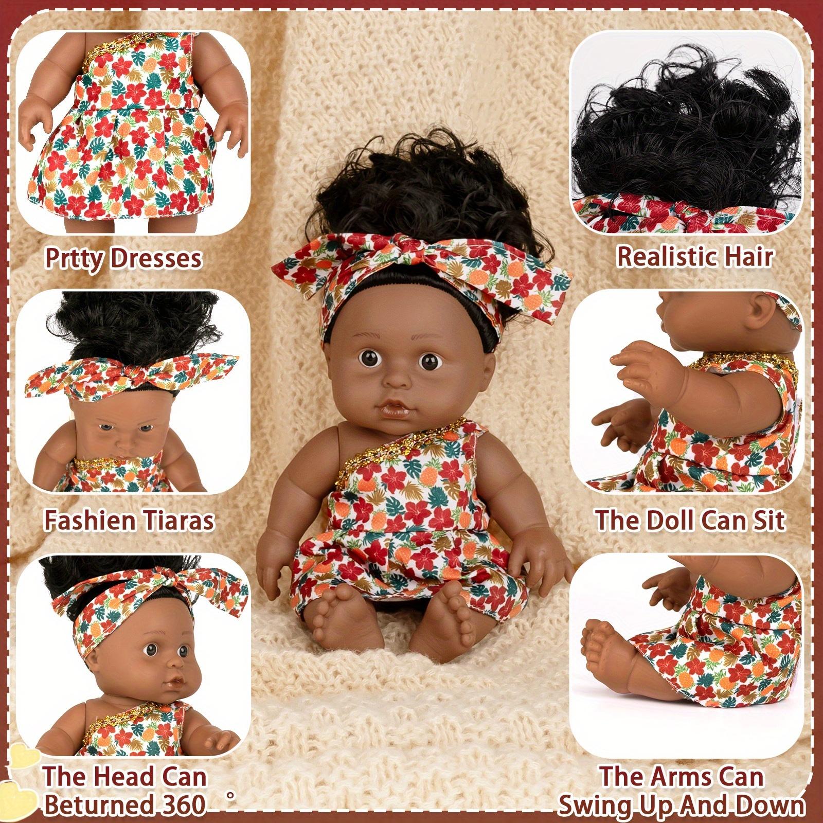 Baby Doll, 12 inch American African Girl Doll with Dress, Realistic Reborn for Kids Aged 2 3 4 5 6, Silicone Small Toy Curly Hair Birthday Gift,
