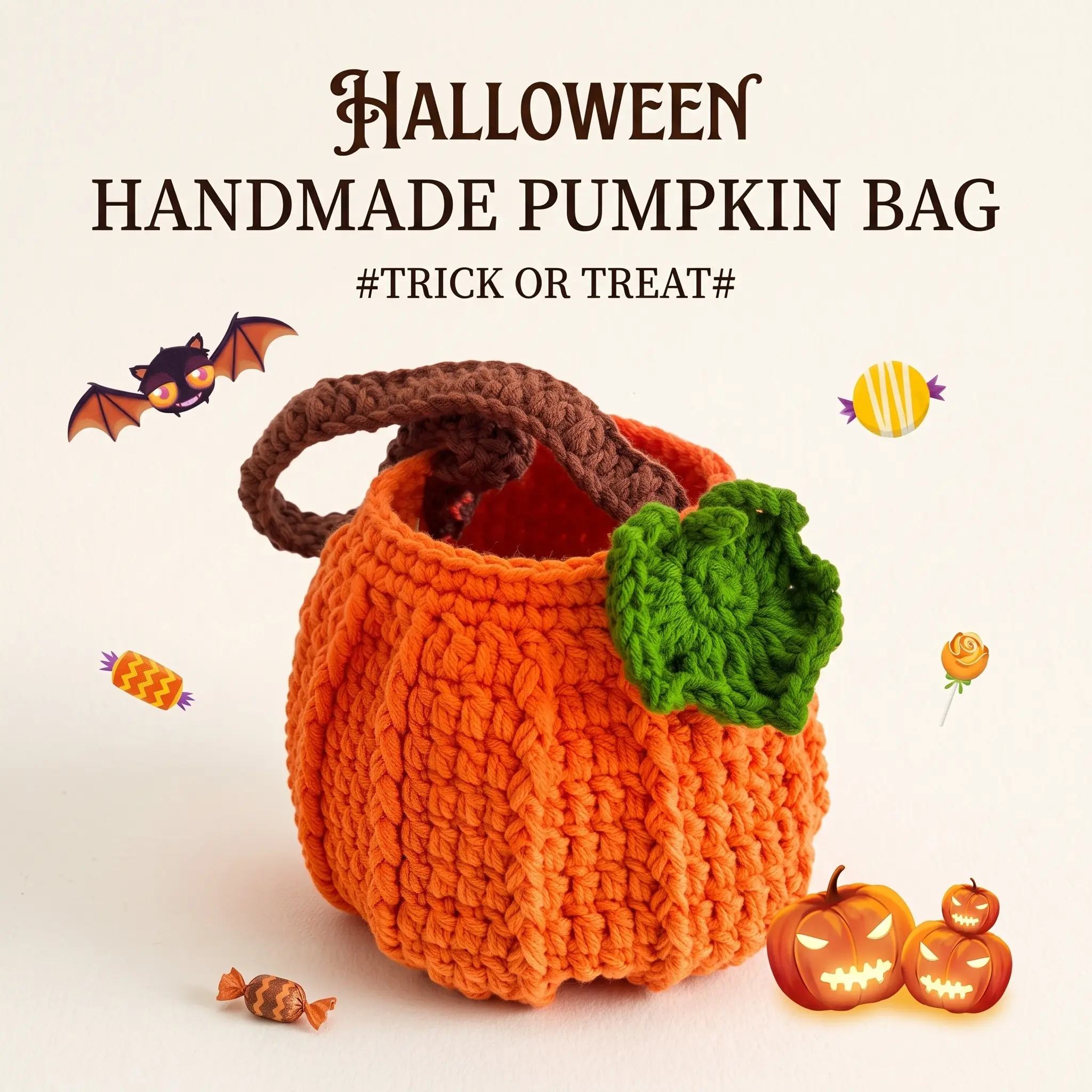 Women's Pumpkin Pattern Handbag, Cozy Handwoven Knit Tote Purse, Soft Yarn Round Top-Handle Bag with Open Pocket, Retro Cute Fall Winter Gift