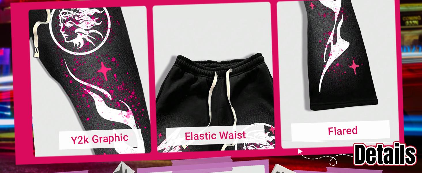 Y2k Graphic Letter Print Stacked Sweatpants Drawstring Bell Bottom Flare Pants with Pockets