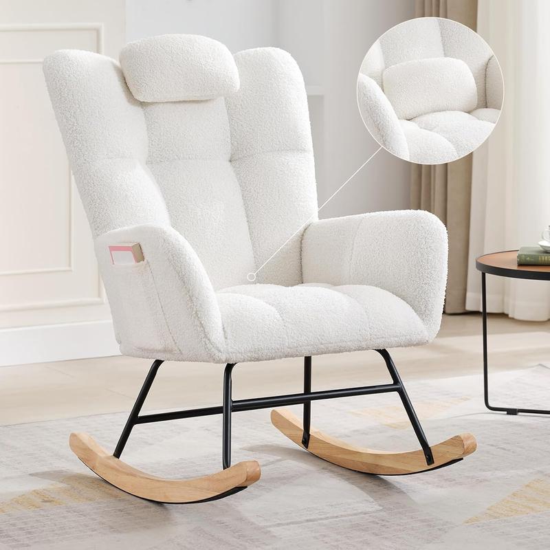 Nursery Rocking Chair, Teddy Upholstered Glider Rocker with Padded Seat and High Backrest, Comfy Accent Armchair for Baby Room or Living Room