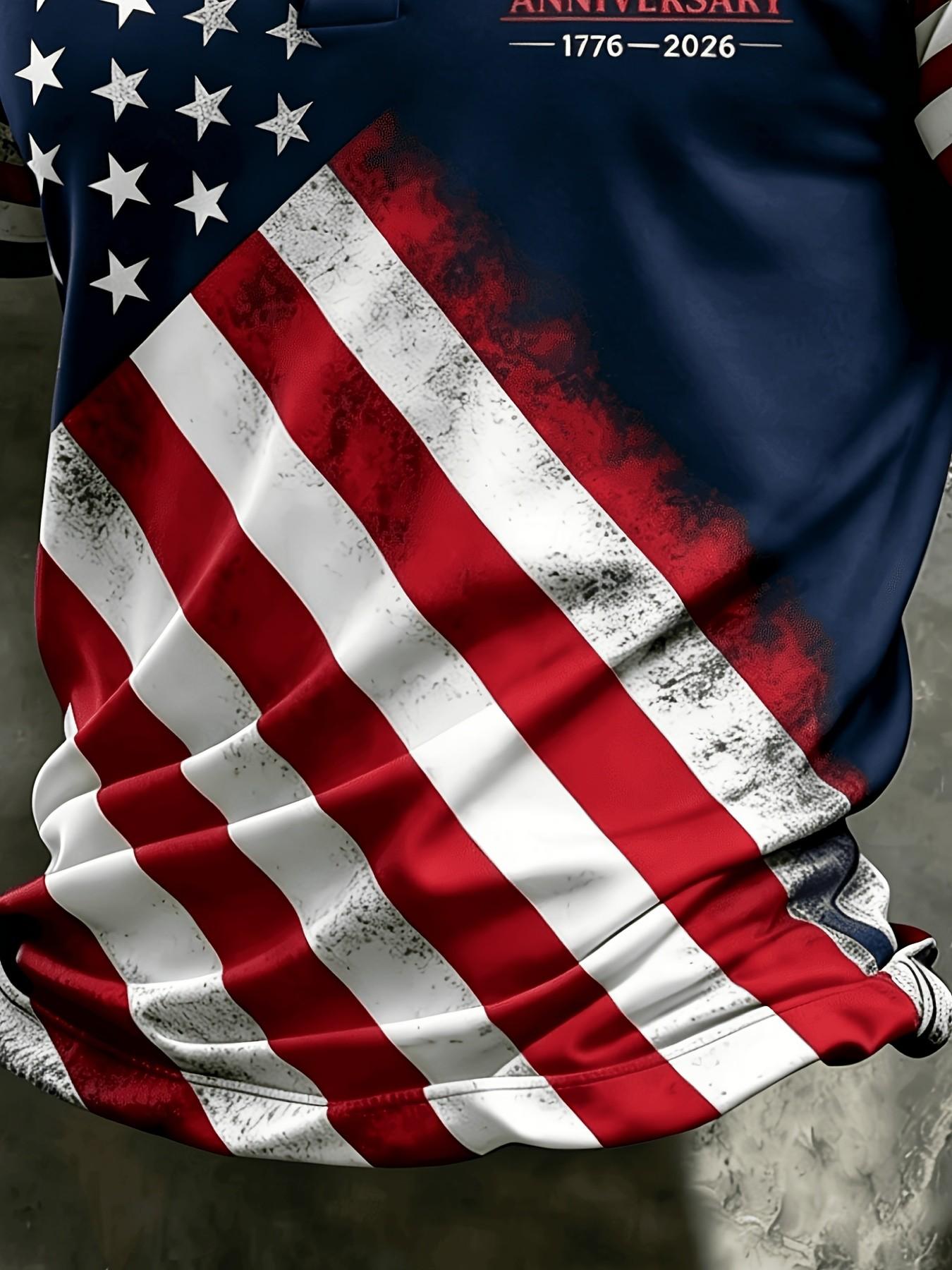 Patriotic American Flag Polo Shirt for Men, 250th Anniversary 1776-2026, Sporty Fitted Geometric Design, Ideal for 4th of July Gifts