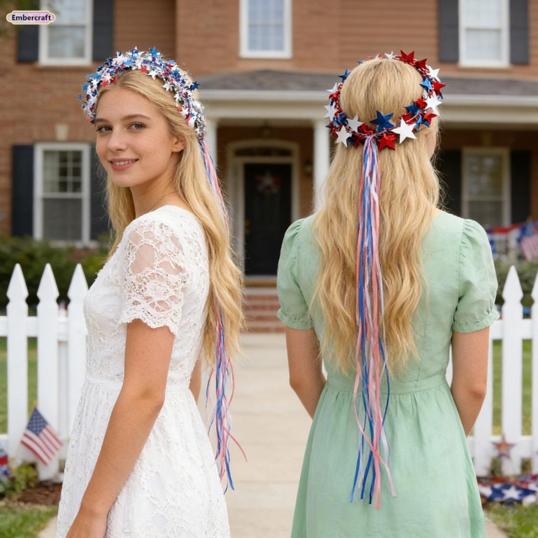 USA 250th Anniversary Star Headband - Patriotic Red-White-Blue Ribbon Wreath, 4th of July Accessories, Sestercentennial Party Favor, Festive Kids' Performance Hair Accessory
