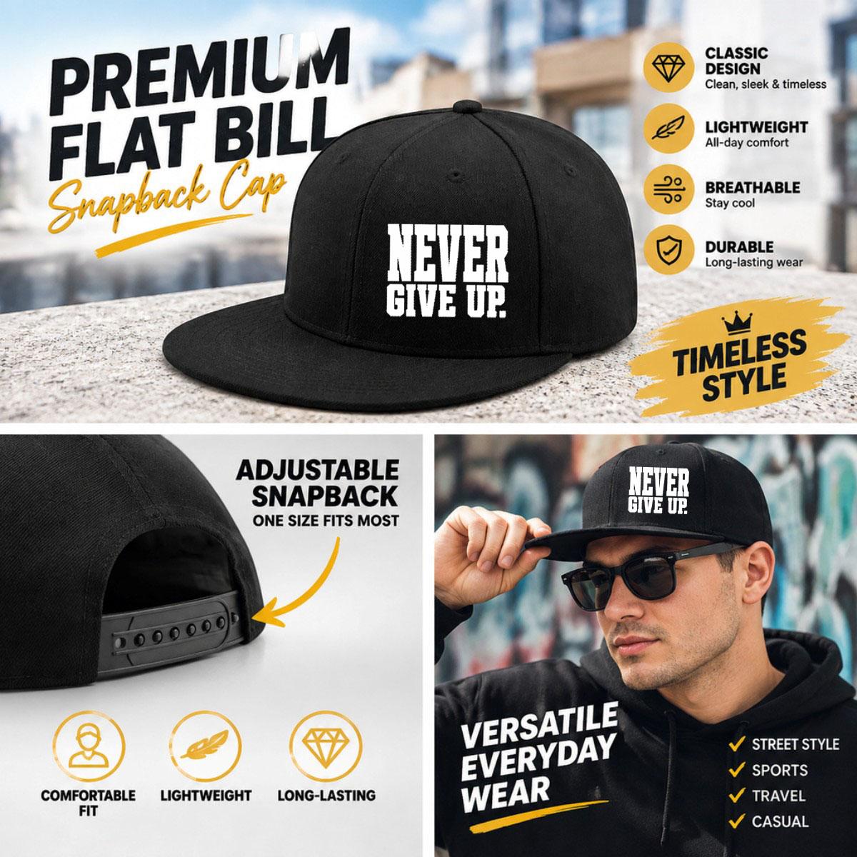 Unisex baseball cap with minimalist text "Never Give Up" printed flat brim design, multiple colors to choose from, adjustable size with code