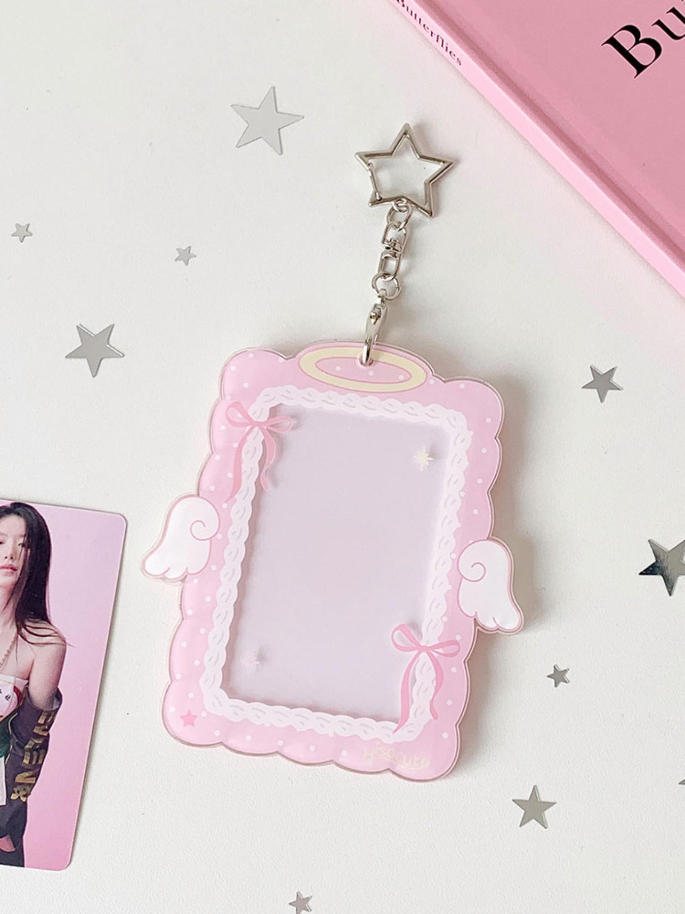 Sweet Girl 3 Inch Angel Wings Keychain Card Holder, Student Hollow Out Visible Small Card Display Case, Idol Fan Accessory, Id Holders For Badges, Id Badge Holder, Badge Accessories