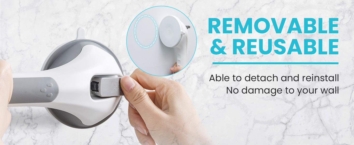 TAILI Shower Grab Bar 16 Inch Suction Cup Grab Bars for Bathroom & Shower, Removable Shower Safety Handle Heavy Duty Bathtub Grip for Seniors & Elderly, Strong Handrails No Drilling Waterproof, Grey