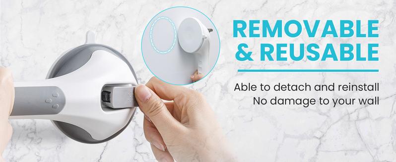 TAILI Shower Grab Bar 16 Inch Suction Cup Grab Bars for Bathroom & Shower, Removable Shower Safety Handle Heavy Duty Bathtub Grip for Seniors & Elderly, Strong Handrails No Drilling Waterproof, Grey