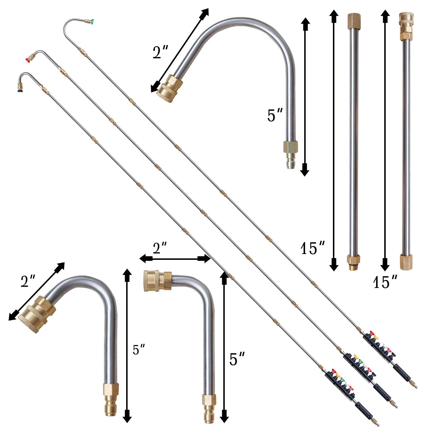 Pressure Washer Extension Wand, 10 Pack Power Washer Lance with 5 Atomization Nozzle Tips,1 Gutter Cleaner Attachment Curved Rod, 1/4" Quick Connect, 4000 PSI Brass Stainless Steel