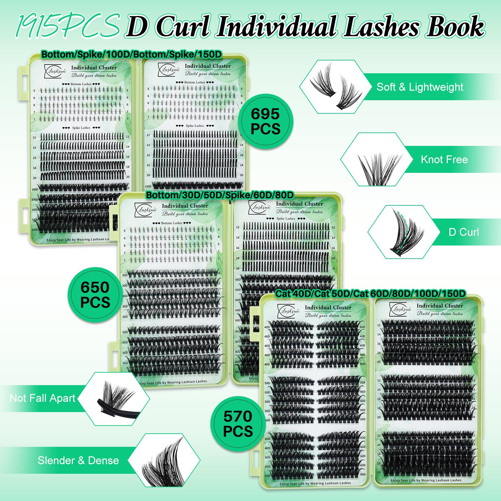 1915 PCS DIY Eyelashes Kit Lash Clusters D Curl 11 Styles Cat/Volume/Spikes/Bottom Lashes Book Kit with Bond&Seal Lash Remover Brush Lash Applicator Headband Wristband set and Lash Shampoo&Brush, Perfect for Beginners&Proficient