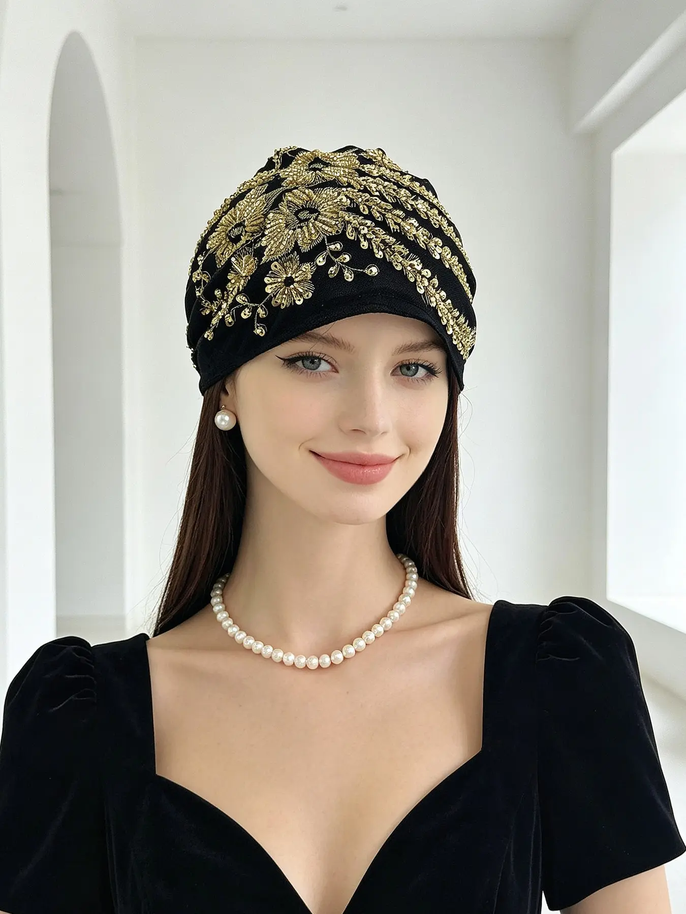 Elegant Floral Sequin Headscarf Hat, Soft Shimmer Fabric Stretchable, Women's Wedding Evening Wear Accessory, Ethnic Style Decorative Cap