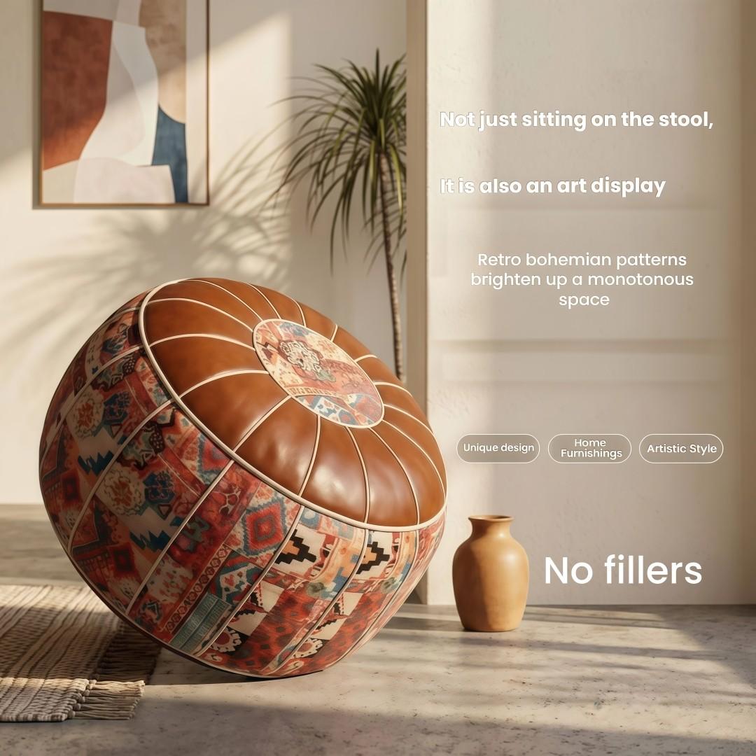 Multifunctional Storage Ottoman Pouf Cover, Faux Leather Ottoman Foot Rest with Hidden Storage, Boho Round Footstool Poufs, Fillable Pouf Ottoman for Blankets Clothes Pillows, Bohemian Pouf Ottoman