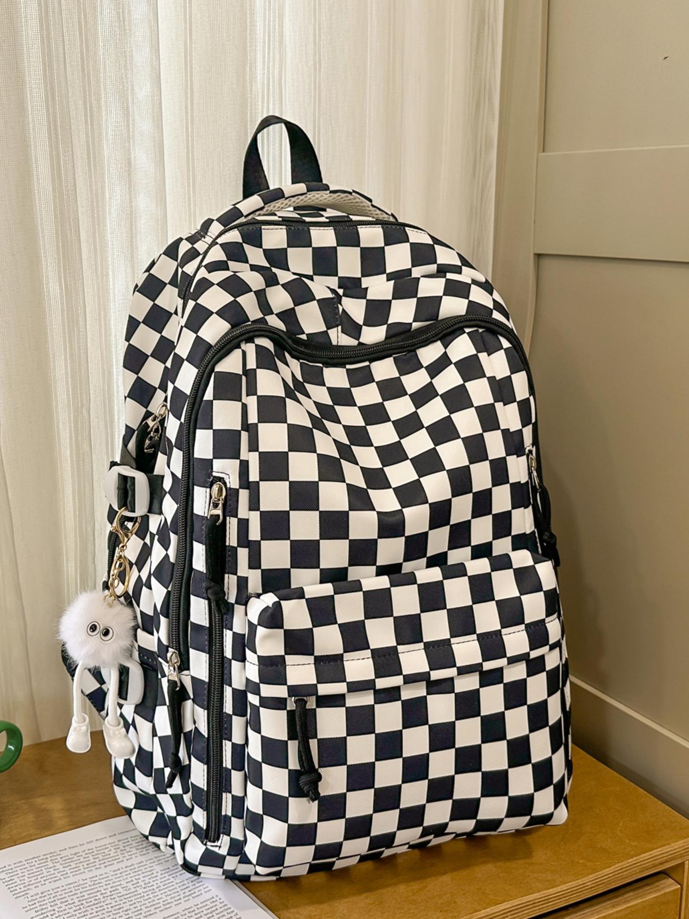 1pc  Women's backpack with large capacity, zipper closure, checkered pendant, fashionable and versatile, suitable for students to go to school, campus, go to work, commute, women's backpack, Plaid Pattern Backpack