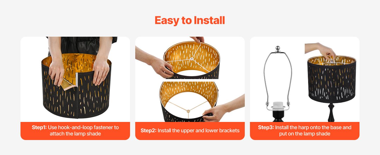 VEVOR Drum Lamp Shade 2 Set, 13 in Topx 13 in Bottomx 10 in High, Medium Drum Lampshade with Harp, Replacement Lamp Shade for Table Lamps Floor Lamps Pendant Lights, Black Hollow-carved Design