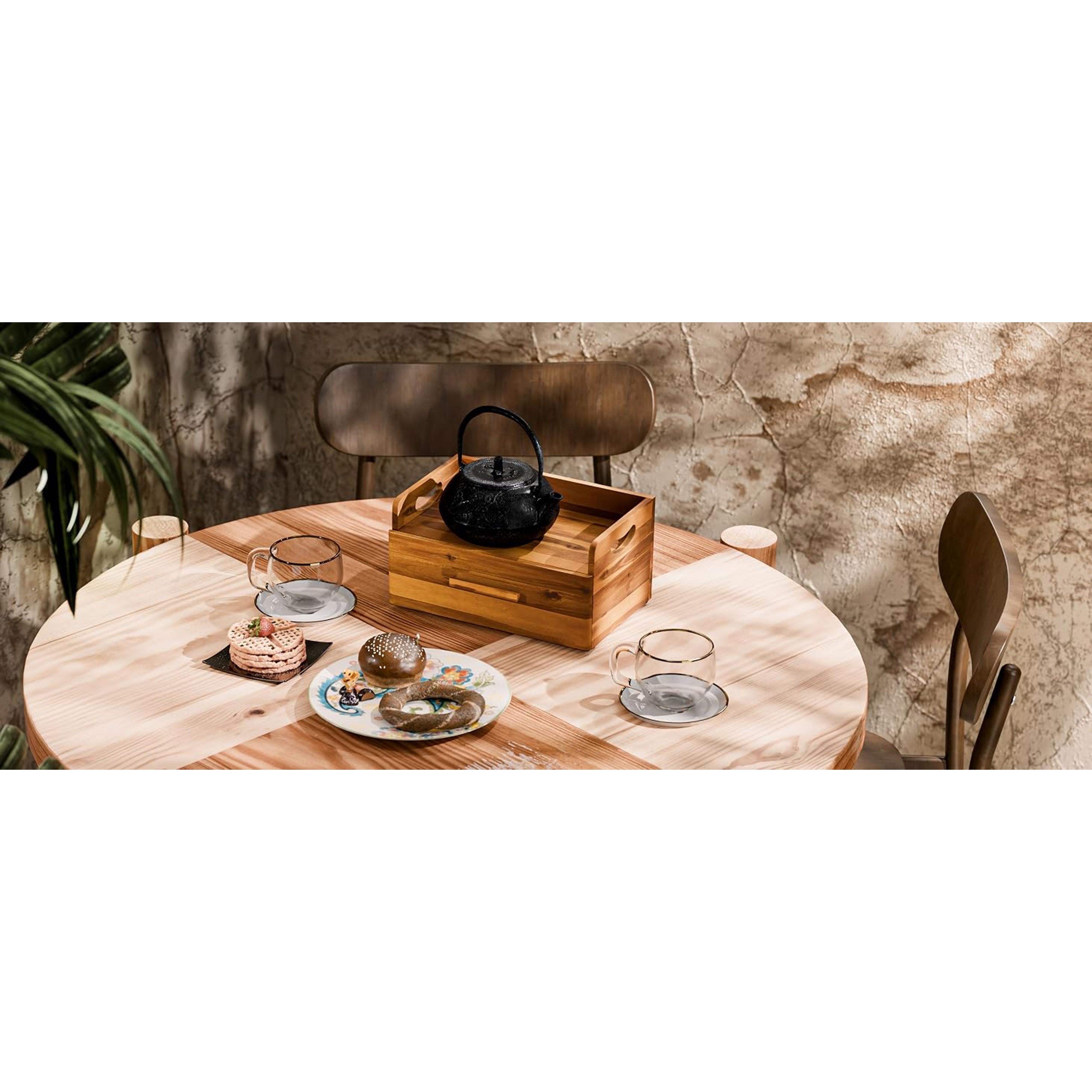 Acacia Wooden Tea Box Organizer with Drawer – Tea Chest for Tea Bags Storage – Tea and Coffee Organizer - Wooden Tea Tray and Containers for Countertop Display (Acacia)