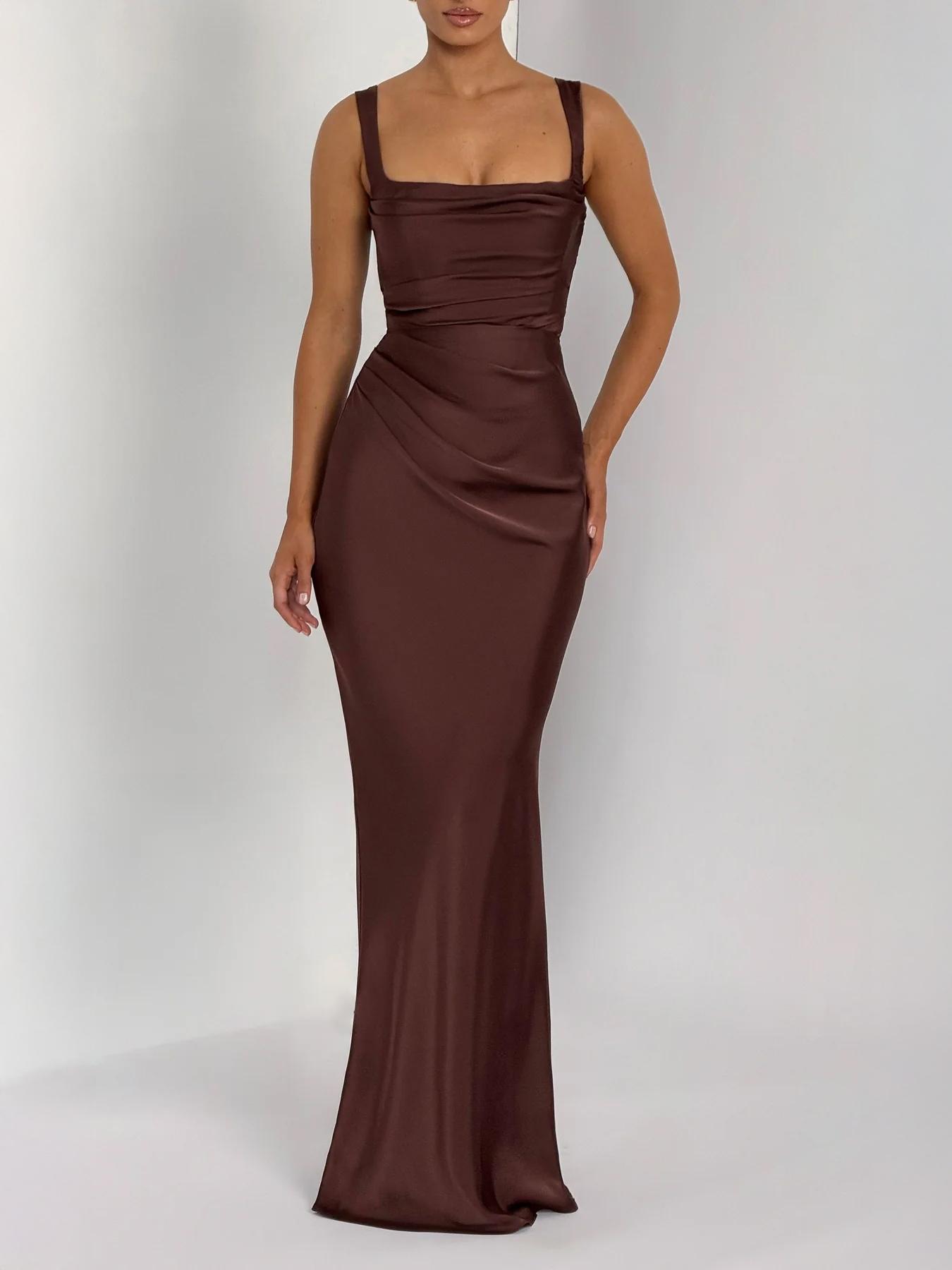 Pure Color Satin Adjustable Square Neck Sleeveless Dress, Elegant Evening Gown with Waist Cinching and Back Tie, Slim-Fitting Long Dress