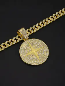 Hiphop Starburst Round Pendant Necklace, Zircon Alloy Cuban Chain, Sparkling Stars Design, Perfect Gift for Party & Anniversary