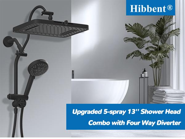Hibbent Upgraded cUPC Certified 5-spray 13'' Shower Head for Easy Reach, High Pressure Rainfall Showerhead Combo with 10-mode Handheld Spray, 12'' Extension Arm, 4-way Diverter, 71'' Hose, Showerhead Holder, Black