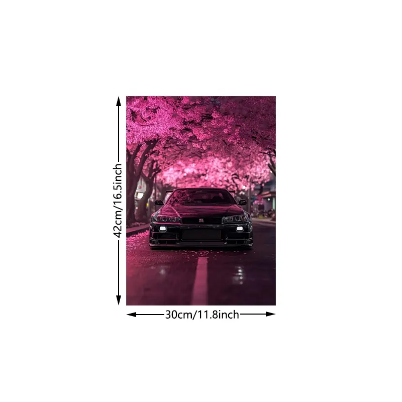 frameless canvas art print posters, Art Work For Wall Decor, realistic vehicle art, classic Japanese sports car R34 Under Cherry Blossoms, perfect gift for JDM vintage car enthusiasts, ideal gift for bedroom, living room,dormitory hallway, wall decoration