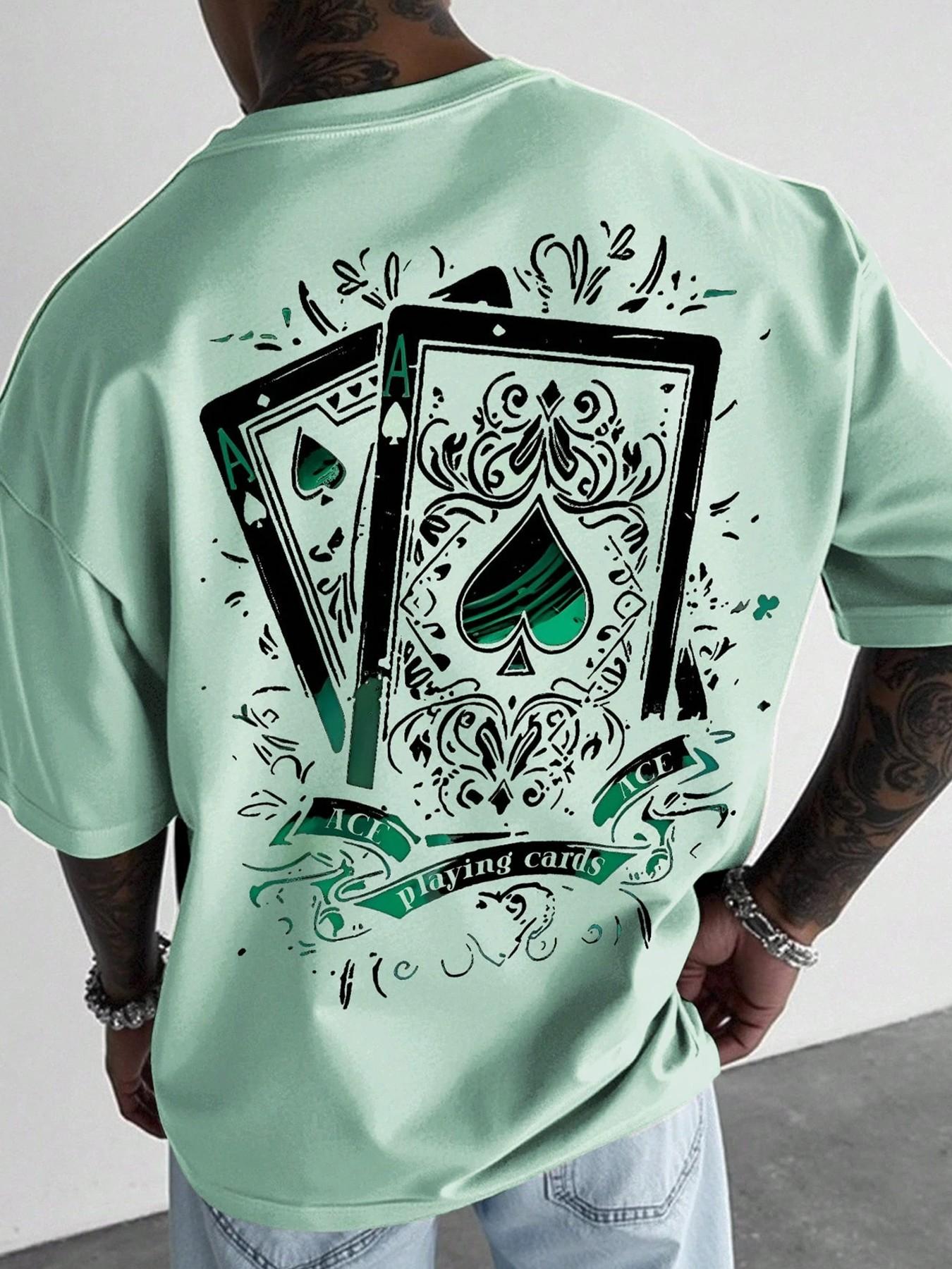 Men's Casual Short-Sleeve T-Shirt, Long Vintage Street Style Ace of Spades Playing Card Print, Loose and Versatile Top, Suitable for Hip-Hop Fashion, Streetwear and Daily Wear
