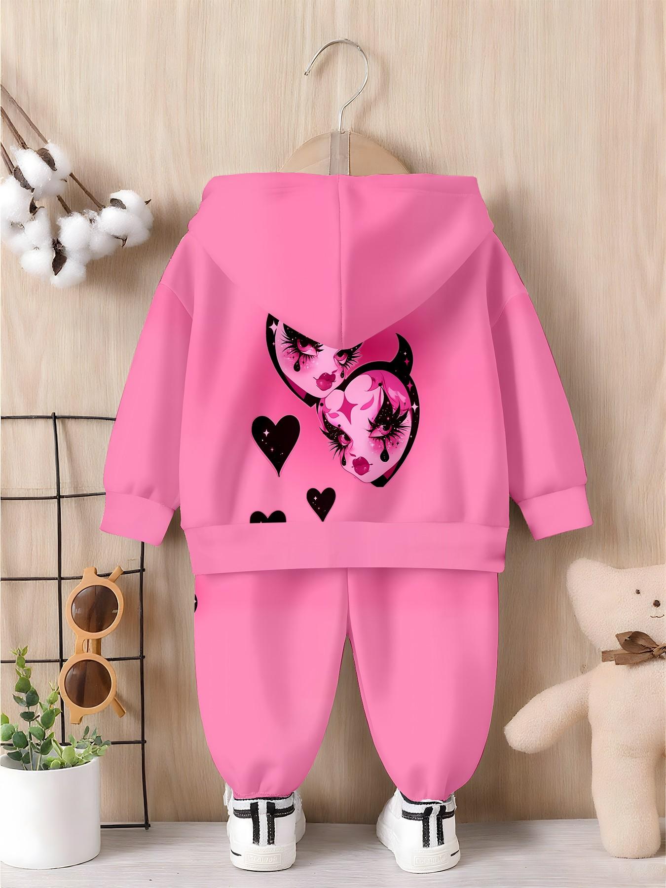 Girls' Sweet Cool Hoodie Set, Heart Devil Cartoon Print, Loose-Fitting Long Sleeve Sweatpants, Trendy Kids Fashion