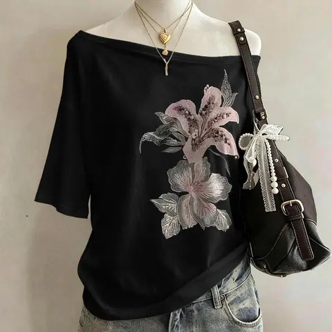 Women's Floral Print Off-Shoulder Oversized Loose Short-Sleeve Tee Cool Touch Lightweight Anti-Fade Soft Material, Versatile Casual Summer Top Summer Loose Fit