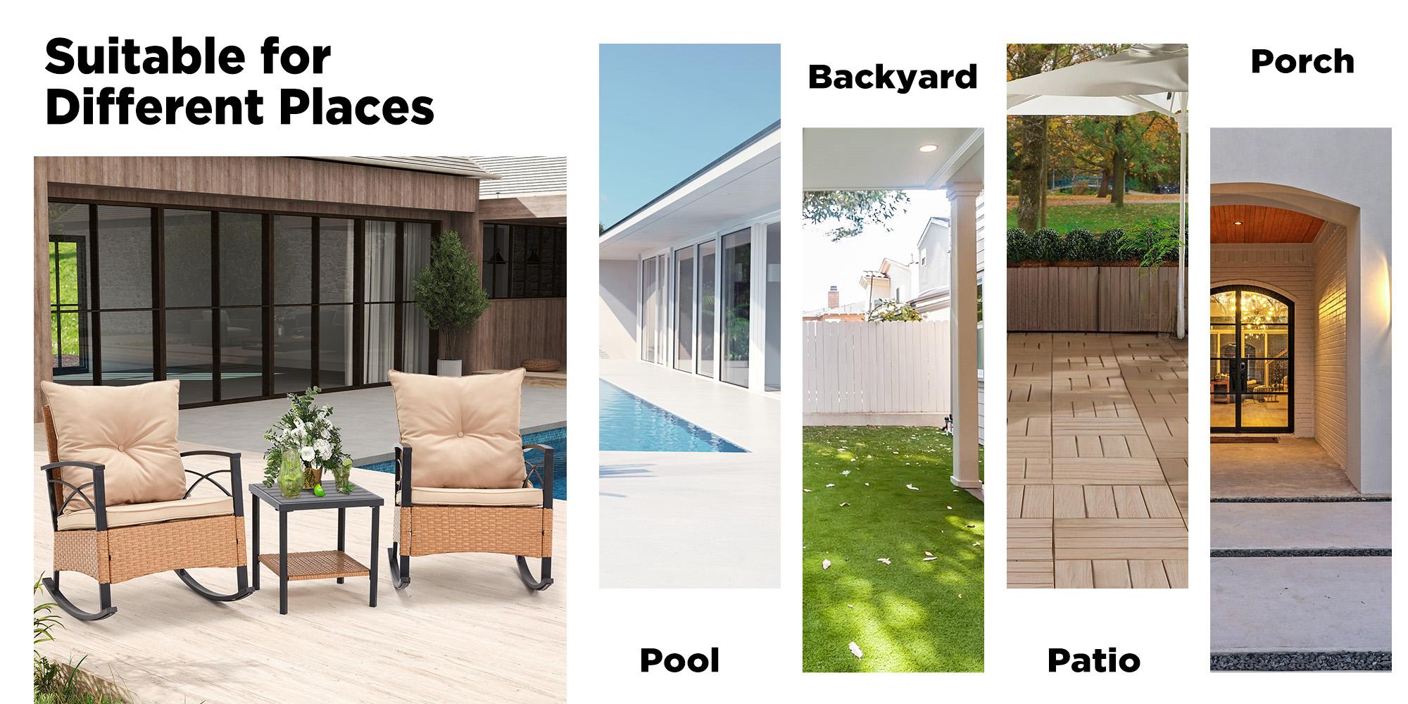 EROMMY 3-Piece Bistro Set: Outdoor PE Rattan Rocking Chairs with Cushions and Coffee Table, Patio Rocker Chair Set for Porch and Backyard Wooden Furniture