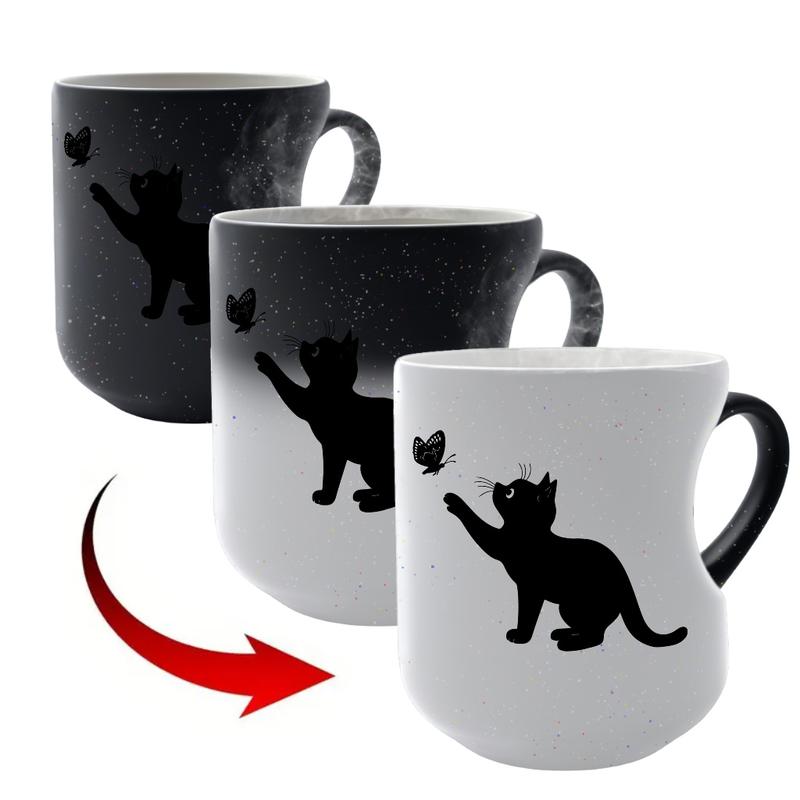 Black Cat & Butterfly Color-Changing Mug Magic Reveal Mug Thermosensitive Ceramic Mug, Starry Night Ceramic Mug, Heart Handle Mug, 11oz/325ml, Coffee Mug, Weighted Mug, Christmas Gift for Friends
