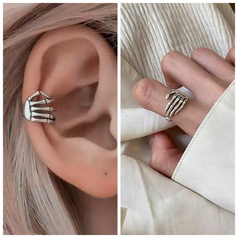 2‑Pcs Vintage Dark‑Style Skeleton Hand Jewelry Set, Skeleton Hand Ring & Palm‑Shaped Ear Cuff, Gothic Punk Accessory for Women, Perfect for Halloween Party Cosplay Masquerade Outfits