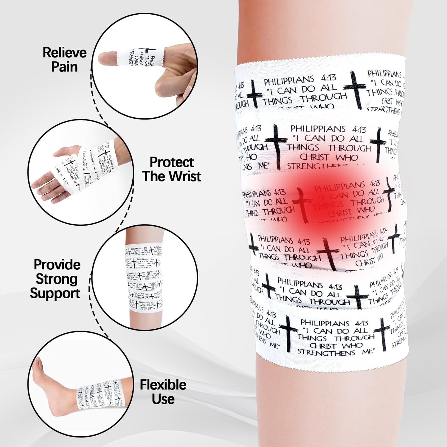 5Pcs-8Pcs Christian Athletic Tape 2in x 23ft, Cotton Zinc Oxide Sport Tape with Faith Cross & Bible Verse, Religious Wrist Wrap for Football Baseball Gym Boxing First Aid Injury Support