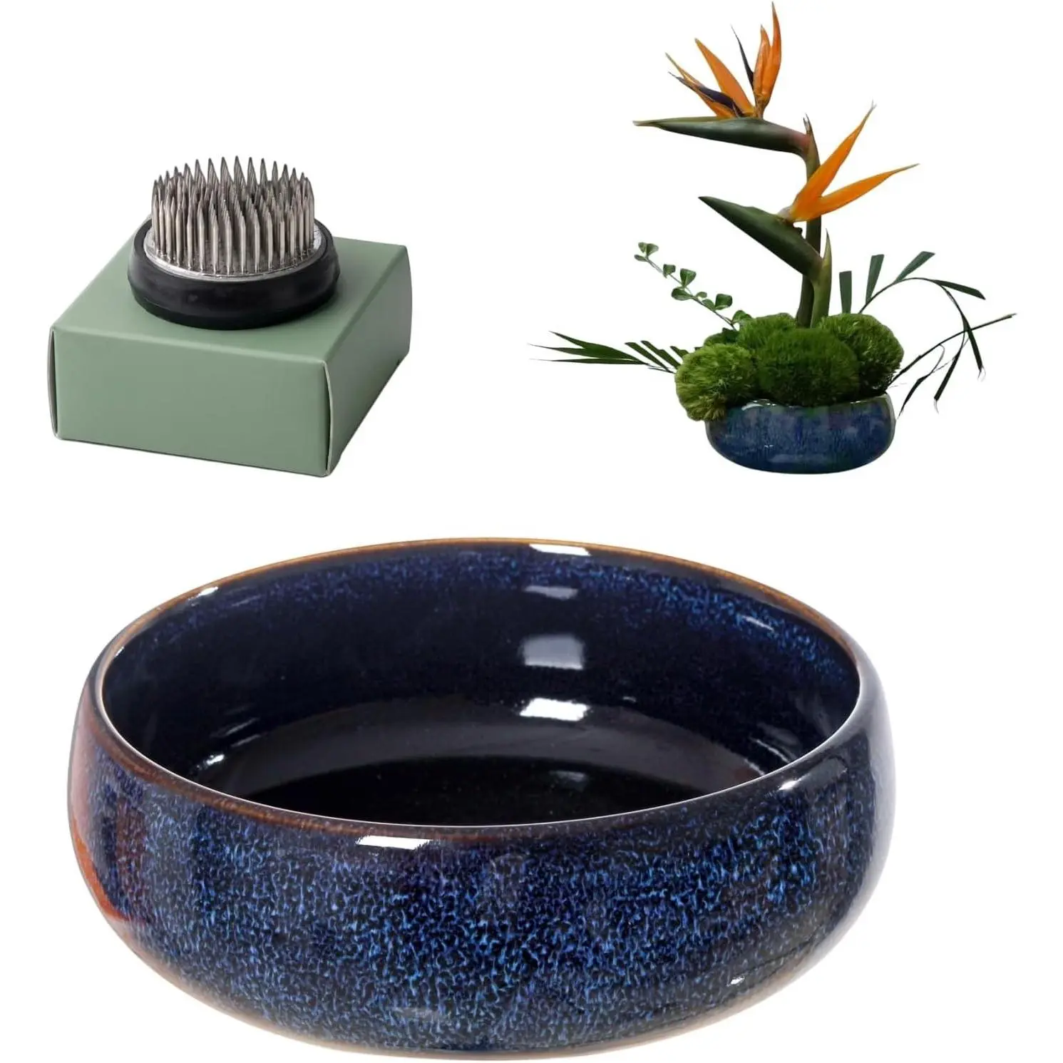 Water Lotus Bowl Planter Kit Japanese Ikebana Vase Set with 1.8" Floral Frog, Ideal for Ikebana Flower Arrangement & Hydroponic Planting, Blue
