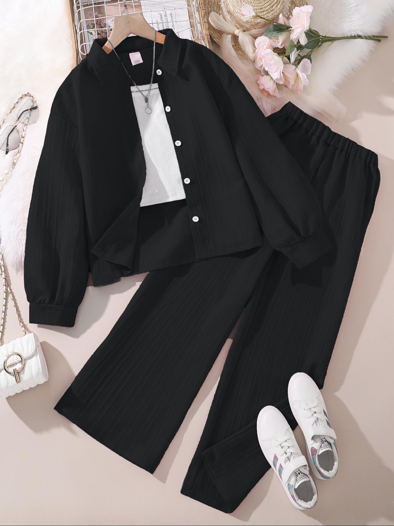 Girls' 2-Piece Set, Plain Color, Collar Design, Button Open Jacket, Long Sleeve, Elastic Waist Pants, Casual Fashion, Comfortable Style