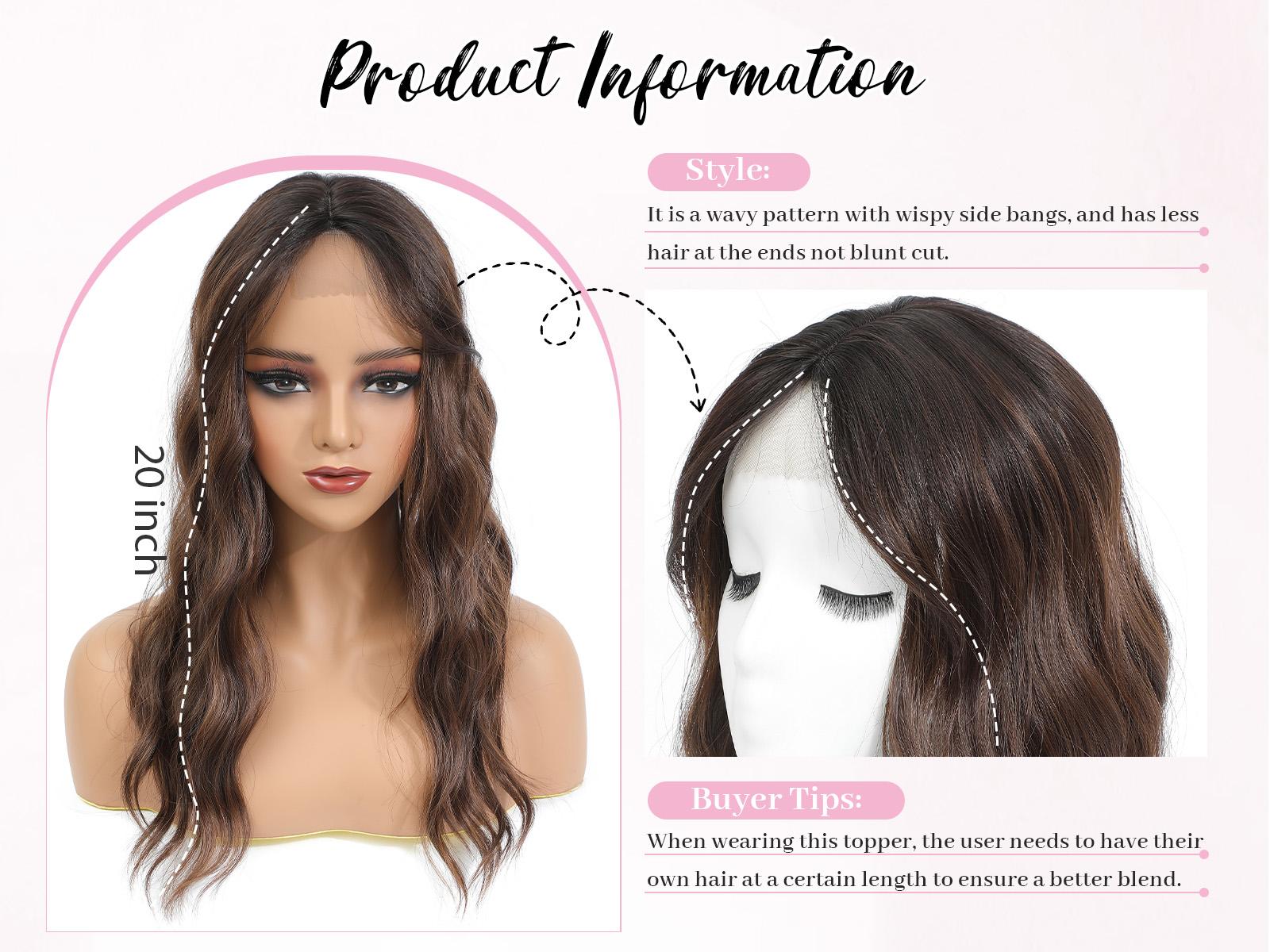 20in Wavy Synthetic Hair Topper with Fringe Bangs for Volume FINE PLUS Hair Topper for Women 20inch Wavy Hair Toppers for  main image 2