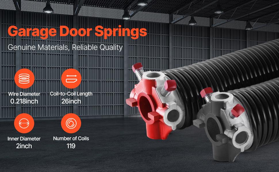VEVOR Garage Door Torsion Springs, Pair of 0.218x 2x 26 in, 16000 Cycles, Electrophoresis Black Coated for Replacement, Garage Door Springs with Non-Slip Winding Bars, Gloves and Mounting Wrench