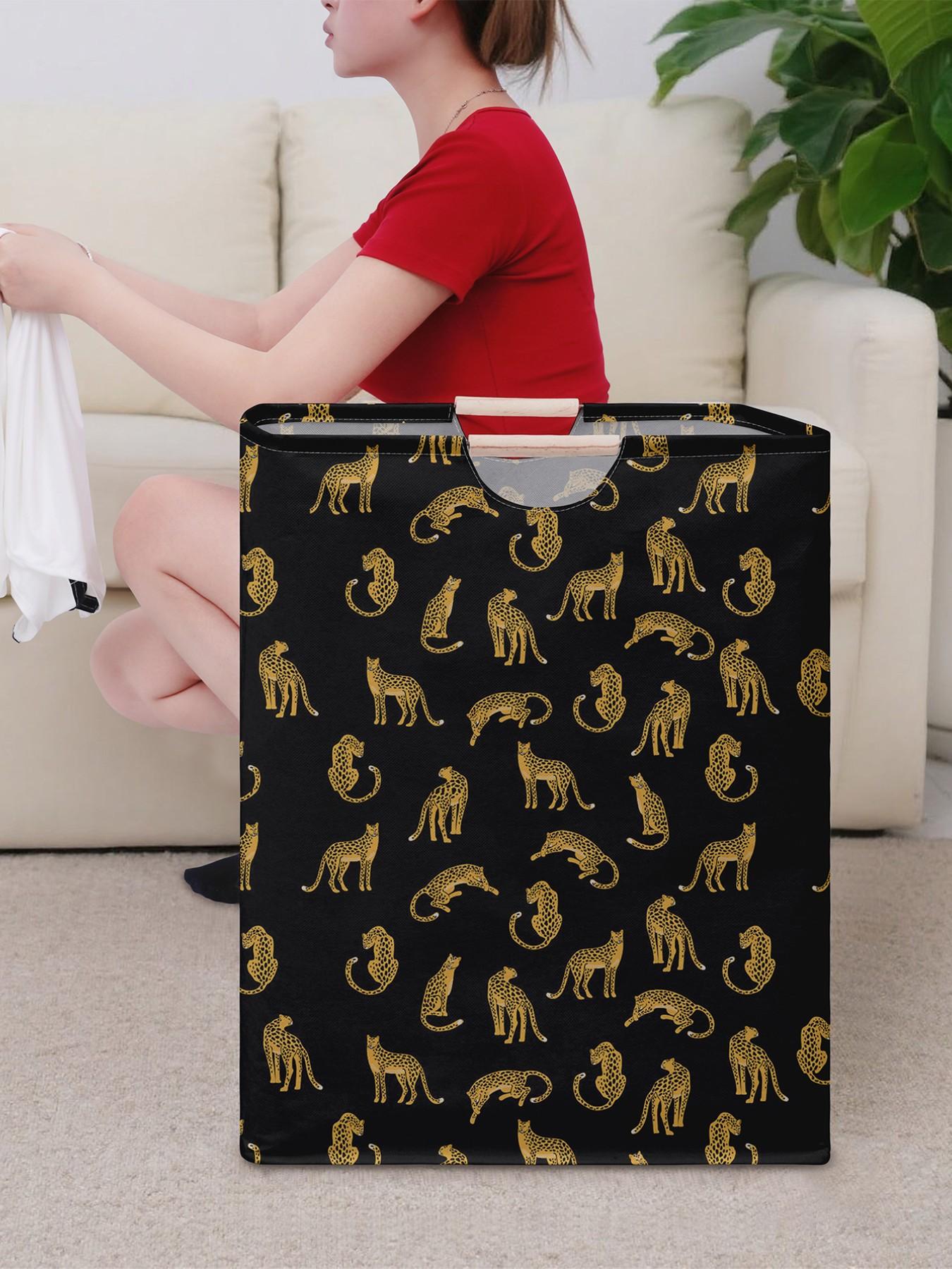 Cheetah Pattern Open Storage Box, Foldable Laundry Basket with Handle, Casual Home Bathroom Organizer, All Seasons Use, Foldable Laundry Hamper