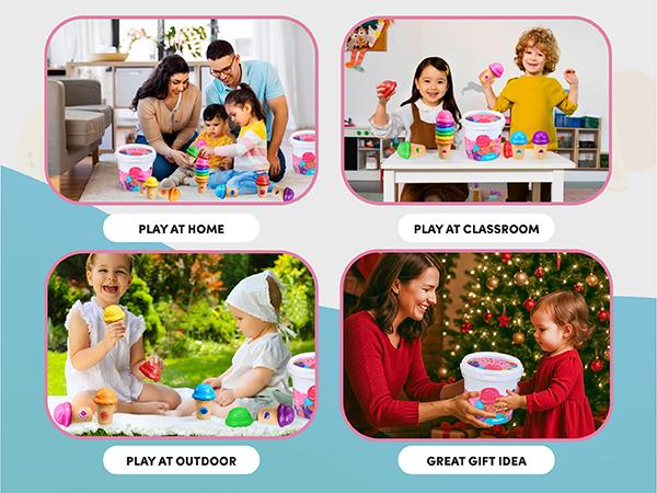 JoyCat Ice Cream Preschool Learning Activities Counting and Color Sorting Set Stacking Toys, Montessori Stacking Fine Motor Skills Toys