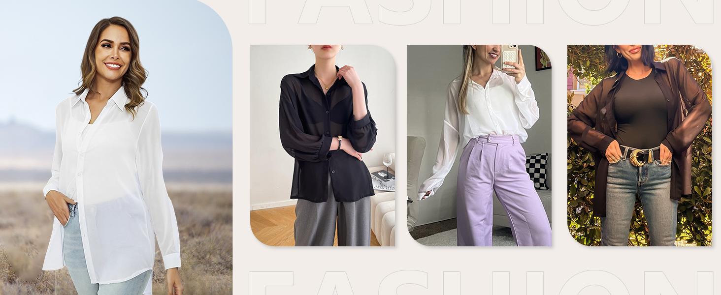 Arssm Sheer Button Up Blouse Mesh Shirt Women Long Sleeve Sexy See Through Top Fashion Black Trendy Mesh Blouse Tops Vintage Casual cute summer outfit