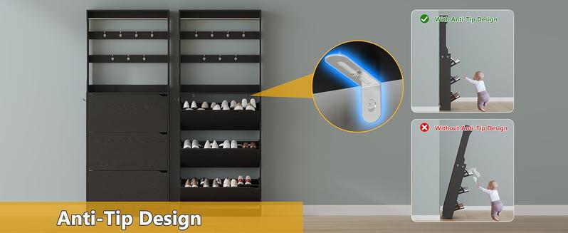 Home Decor Collection，Shoe Cabinet with 3 Flip Drawers & Coat Rack, Narrow Hidden Shoe Storage Cabinet, 2-in-1 Hall Tree Slim Freestanding Shoe Rack Organizer for Entryway, Hallway, and Living Room