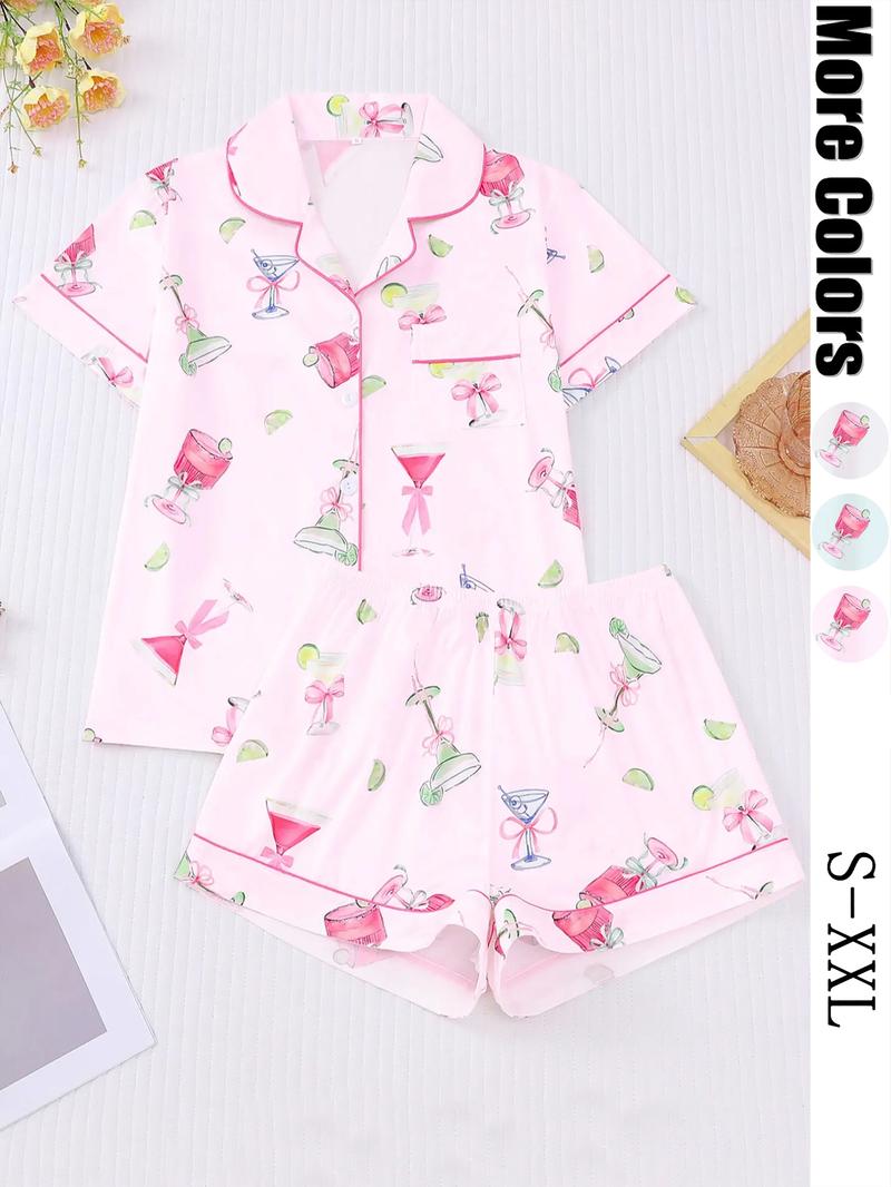 Women's All Over Cocktail Print Button Front Shirt & Elastic Waist Shorts Pyjama, Casual Comfy Short Sleeve Top & Shorts PJ Set, Ladies Sleepwear for All Seasons, Loungewear, Sleepwear Pajamas Set