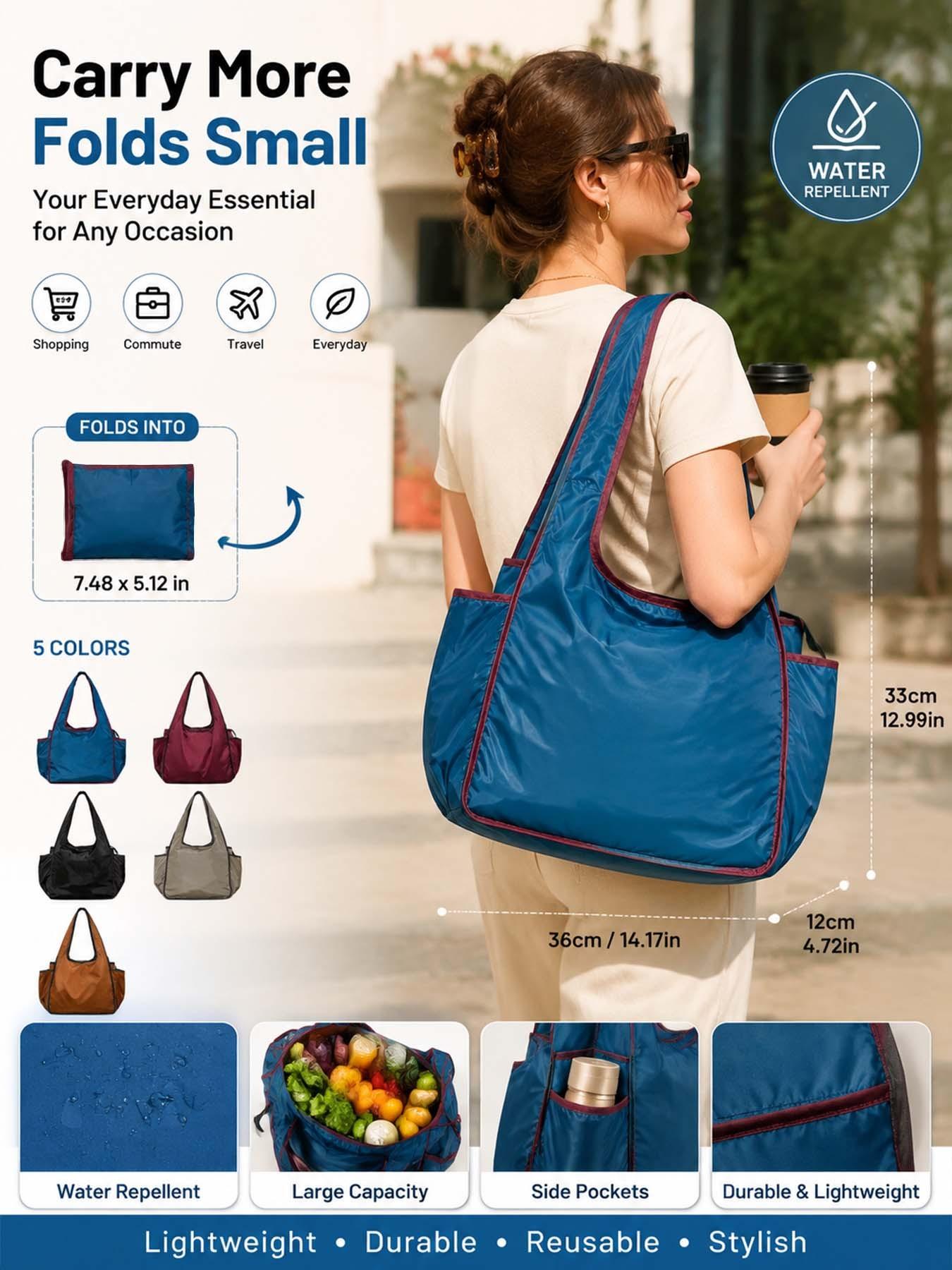Foldable Nylon Tote Bag with Dual Pockets, Waterproof Soft Shoulder Bag for Women, Lightweight Shopping Bag, Large Capacity Daily Use, Multiple Colors Available