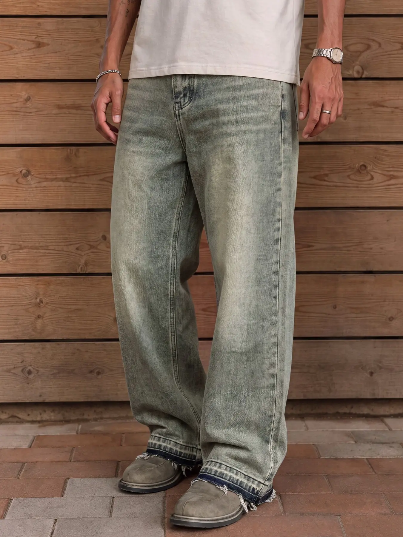Men's Vintage Mud Jeans, Loose Wide Leg Straight Pants, Washed Distressed Frayed Hem, Streetwear Casual Long Jeans