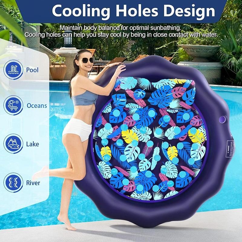 Round Edge Inflatable Sunbathing Pool, 77x77 Inch Thick PVC with Pillow and Drink Holder, Outdoor Floating Lounge Chair, Summer Essential, Swim Ring, Swimming Ring, Pool Floater, Pool Floatie